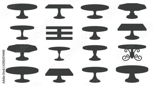 Various black silhouettes of tables and pedestals in different shapes and sizes on white background