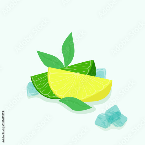 Juicy slices of lemon, lime, and ice cubes