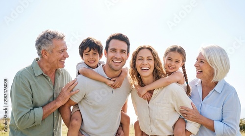 Happy multi-generational family having fun outdoors