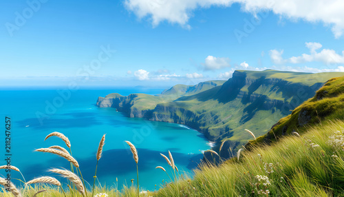 Scenic coastal landscape with turquoise ocean and green cliffs under a bright blue sky