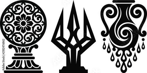 Black silhouette icons of a decorative floral pedestal, a trident, and a pouring amphora with drips white