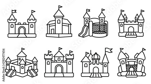Various cartoon castle designs with flags and towers in black lines on white background illustrations