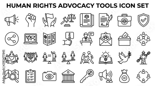 Human rights advocacy icon set. Social justice and activism vector symbols collection.