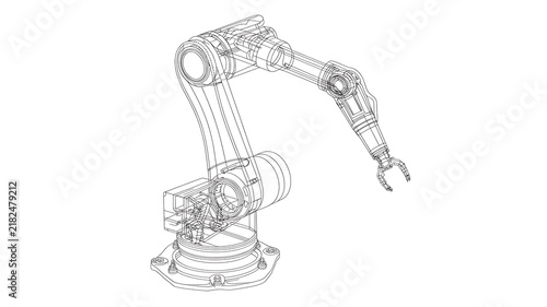 Technical wireframe of an industrial robotic arm with a gripper, isolated on a plain white background surface