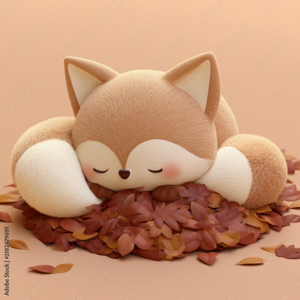 Fototapeta premium A small 3d fox character is sleeping in a pile of leaves in a cozy setting. The colors are soft and warm, enhancing the atmosphere.