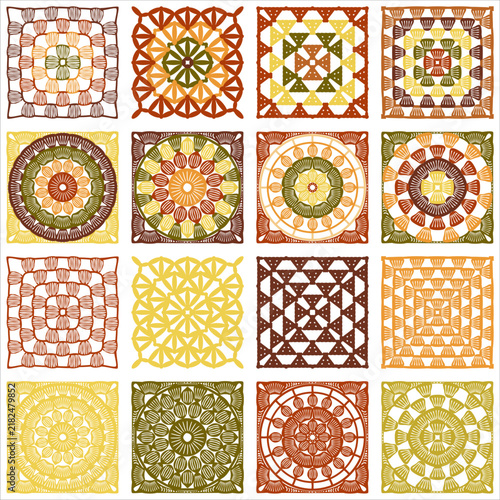A set of crocheted squares, a variety of decorative elements, lace, handmade, hobbies, craft work