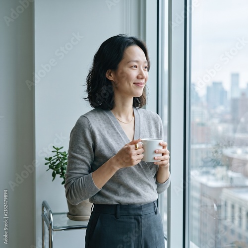 Generative AI, Asian woman with coffee looking out office window at city view