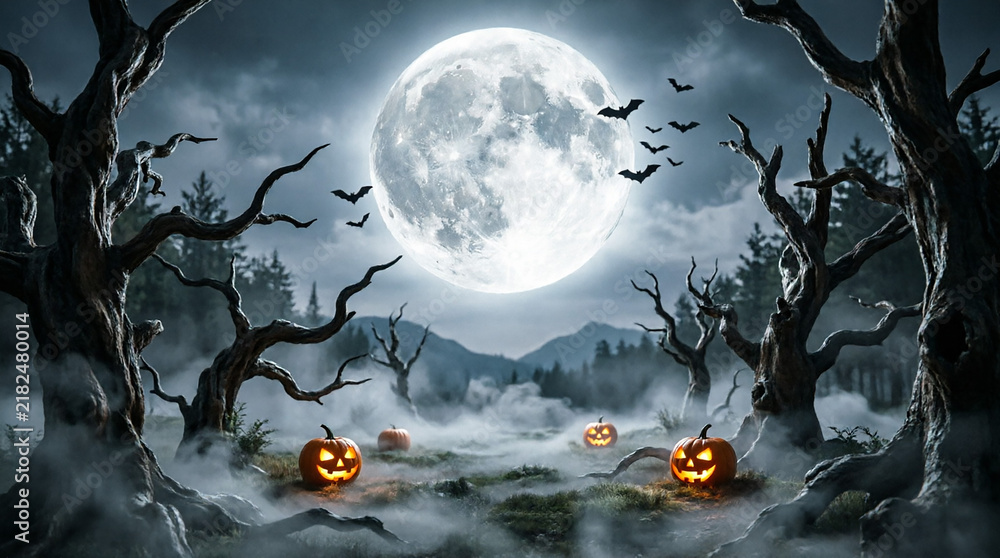 Fototapeta premium Spooky halloween scene featuring glowing jack o lanterns in misty dark forest under full moon light.