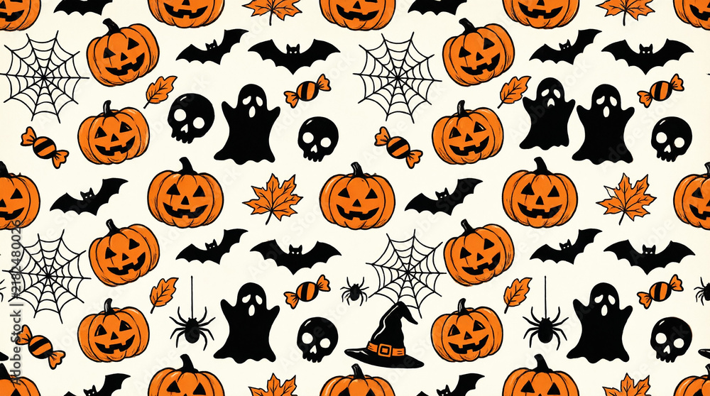 Obraz premium Seamless pattern with carved jack o lanterns spiders webs bats skulls ghosts and autumn leaves art.