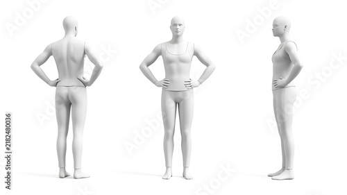 Three white male mannequins standing in different poses with hands on hips isolated on a plain white background view