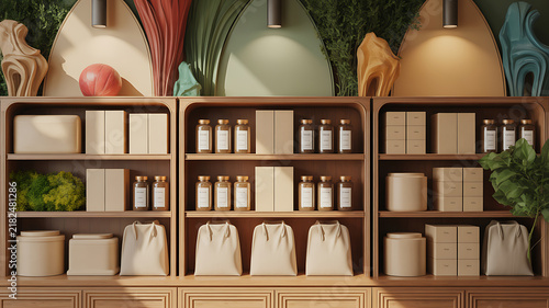 Wooden shelves displaying beige boxes, glass jars, and fabric bags with abstract sculptures and plants in a room