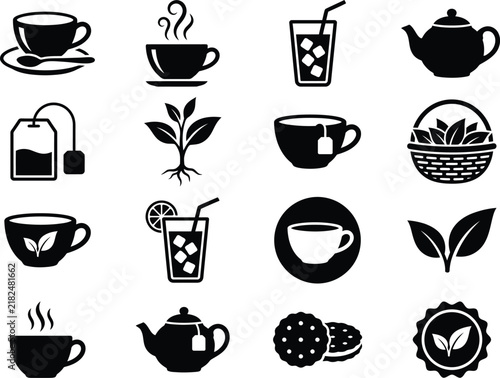 Collection of black and white icons representing tea, coffee, and related saucer spoon