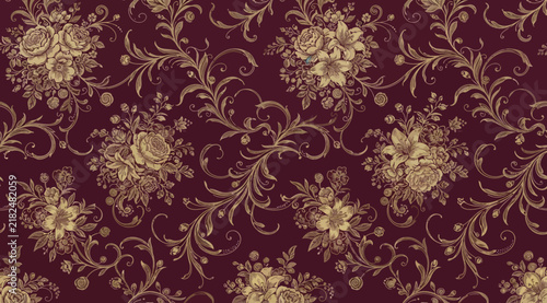 Bild auf Leinwand Seamless floral pattern with intricate bouquets of roses and ornate swirling fol