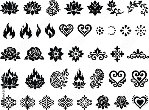Collection of black silhouette decorative ornamental including lotus flowers, flames, paisley, roses, hearts, and floral swirls