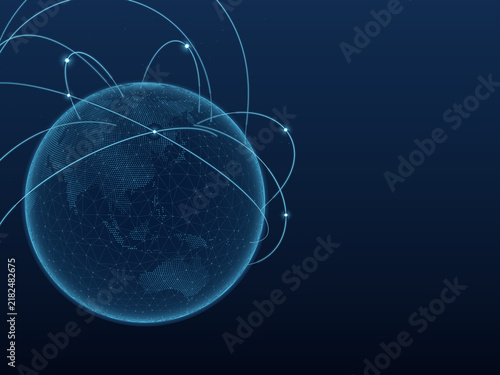 Blue digital network globe showing Asia Pacific with right copy space