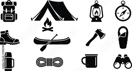 Black and white camping and outdoor adventure icon collection featuring tent, backpack, campfire, and travel gear