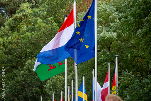 Foto European Union and Welsh Flags Flying Among National Flags of European Countries