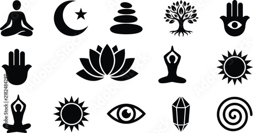 Black and white spirituality and mindfulness icon collection featuring yoga, meditation, lotus, and energy symbols