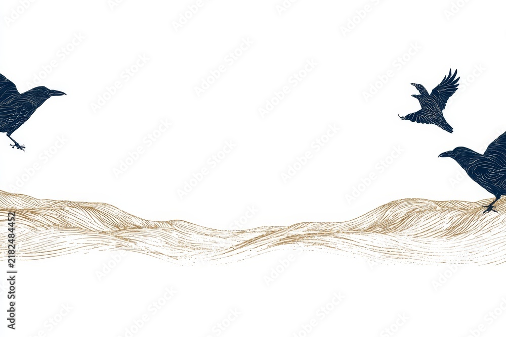 Obraz premium Stylized Crows Over Wavy Landscape Pattern