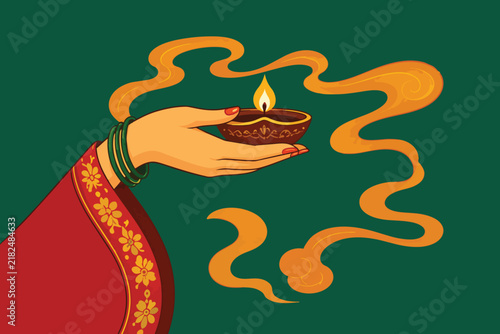 Traditional Diwali Diya with Decorative Smoke and Hand