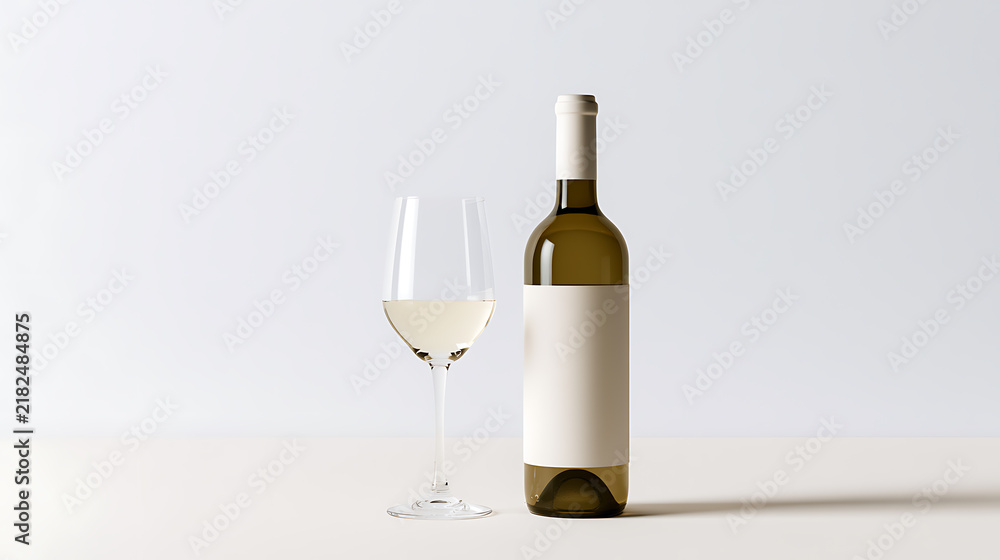 Obraz premium Elegant white wine bottle with blank label and a matching crystal glass filled with fresh alcoholic beverage on a clean minimal neutral background