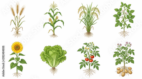 Variety of agricultural crops and plants with roots