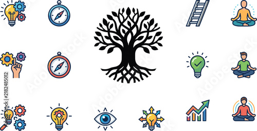 Colorful personal growth and mindfulness icon collection featuring tree of life, meditation, creativity, and success symbols