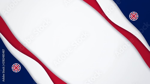 Patriotic abstract background inspired by the United Kingdom flag: flowing ribbon paper cut layers in red, white and royal blue with a circular Union Jack badge locked onto the blue band, arranged as 