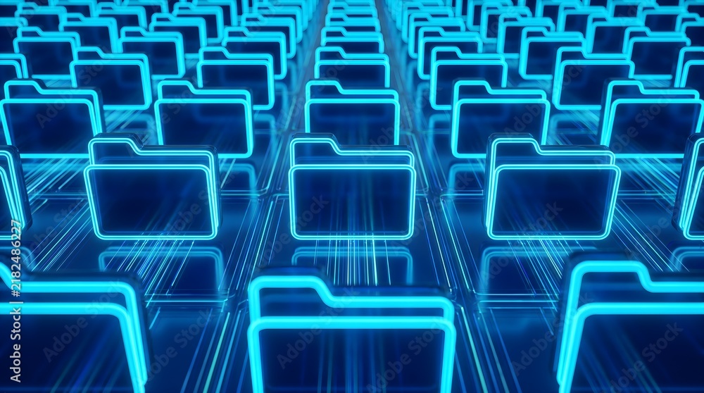 Fototapeta premium Glowing blue digital file folders arranged in rows on a futuristic circuit board interface for cloud storage and enterprise data management solutions.