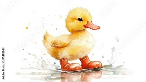 cute watercolor duckling wearing rain boots, white background