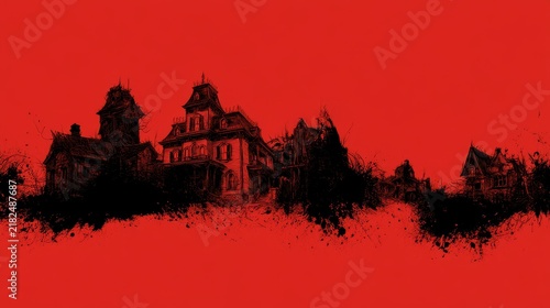 Haunted Mansion Row with Ink Splatter on Red