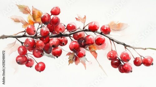 watercolor hawthorn berries white background