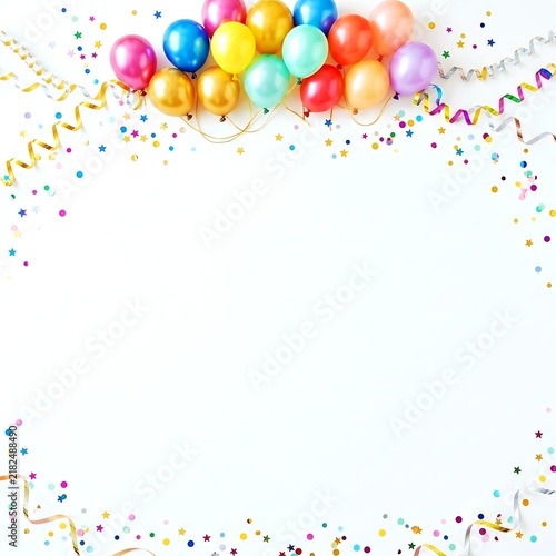 Colorful party balloons and festive confetti border on a white background