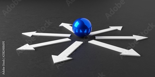 Blue sphere with white arrows into multiple directons on dark background, decision, direction or challenge concept
