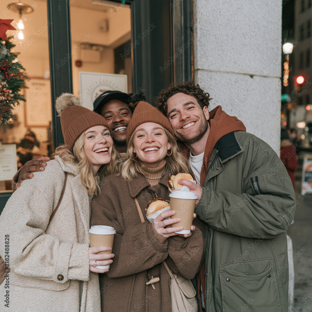 Obraz premium Cheerful group of friends with burgers and coffee on a winter street