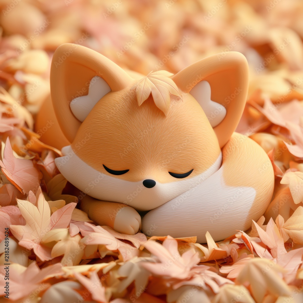 Obraz premium A cute fox character rests in a pile of soft leaves. The colors are bright and pastel. It enjoys a sunny afternoon in a cheerful scene.