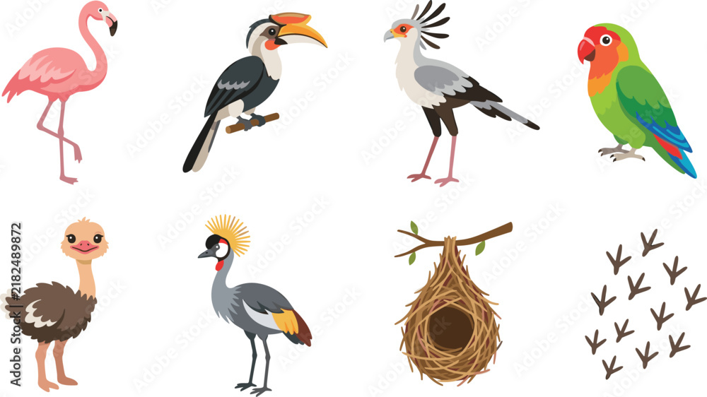 Fototapeta premium Colorful Exotic Birds and Nest Wildlife Vector Illustration Collection