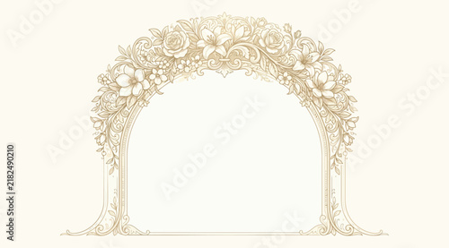 Bild auf Leinwand Vintage floral arch frame with detailed peony flowers and ornate botanical scrol