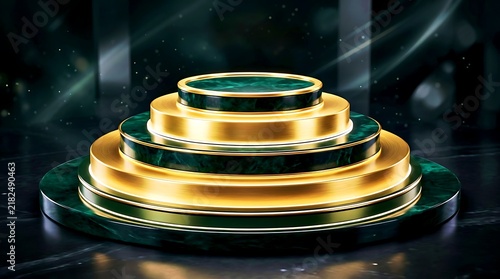 Circular three tiered green marble podium with gold edges for luxury product