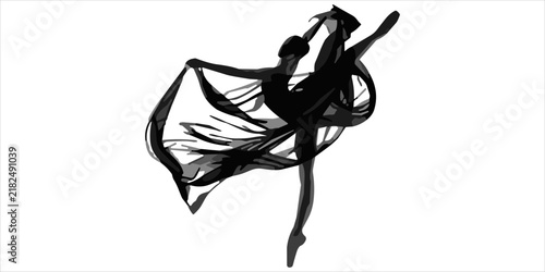 Canvas Print A graceful ballerina performing a leap with a flowing fabric skirt captured in a