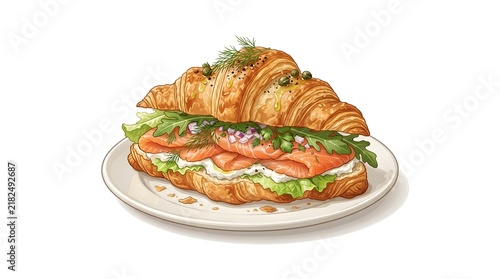 Smoked Salmon Croissant Sandwich with Lettuce Cream Cheese and Capers on a Plate