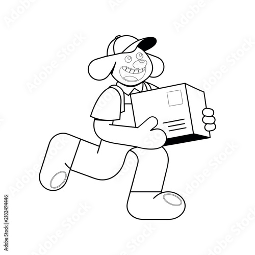 Happy cartoon dog delivery worker running while holding a cardboard box