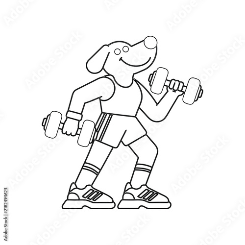 Funny dog character doing weight lifting exercise with two dumbbells