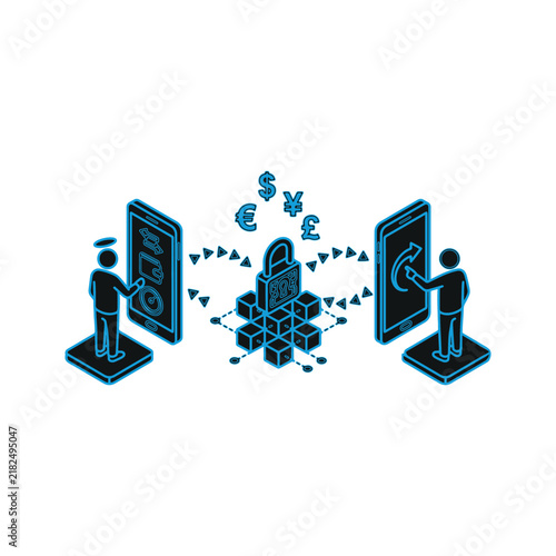 People using mobile phones for secure digital money transfer and blockchain