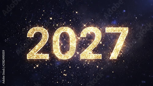 2026 to 2027 new year countdown transition with golden glitter particle explosion and metallic typography reveal