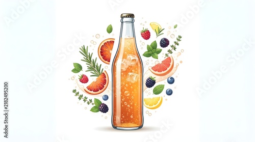 Glass bottle of refreshing orange craft soda surrounded by fresh citrus fruits, berries, and herbs