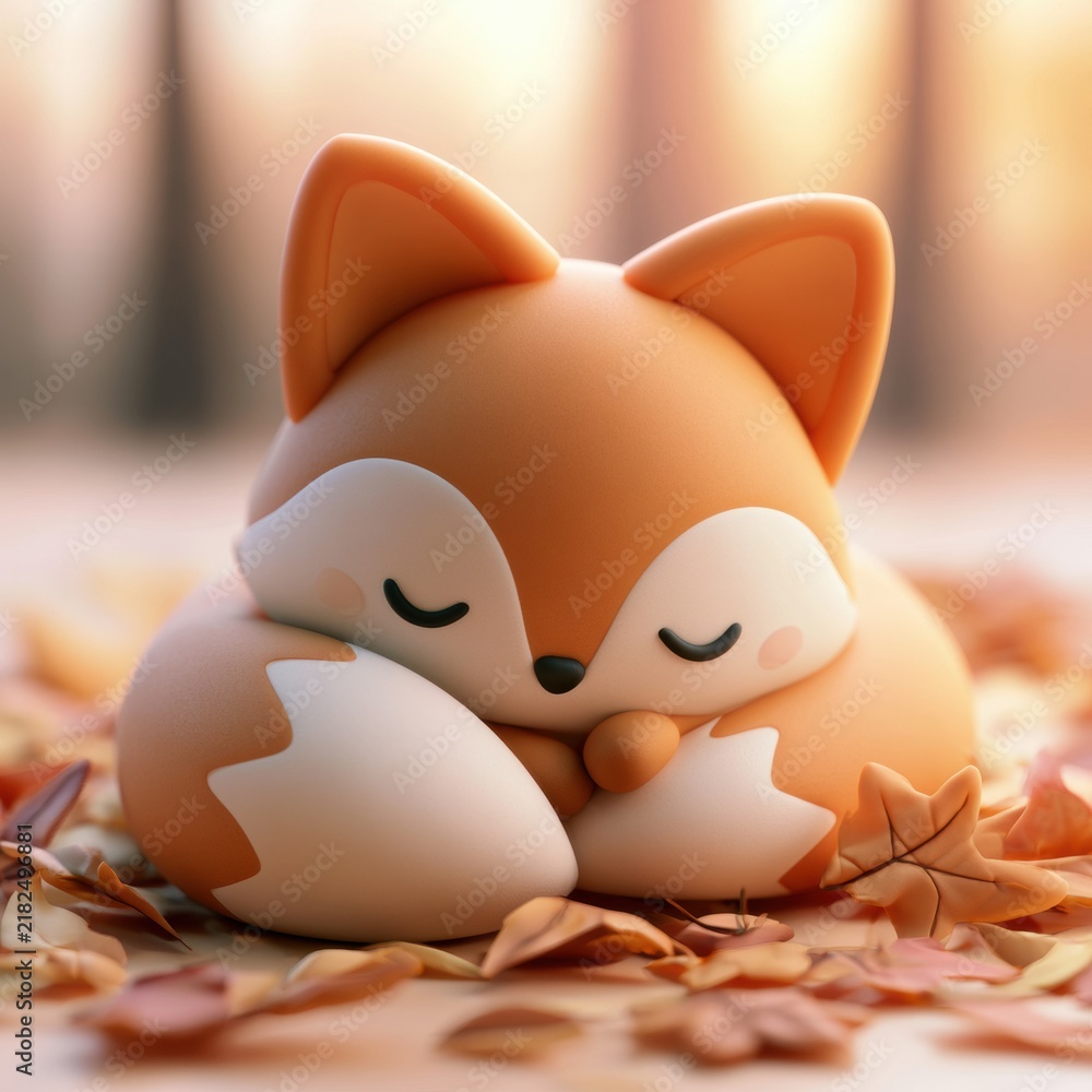 Obraz premium A cute fox made of soft clay lies curled up in a bed of fallen leaves, with a muted forest backdrop during the autumn season.
