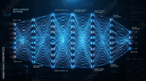 Abstract Neural Network Visualization with Glowing Blue Connections.