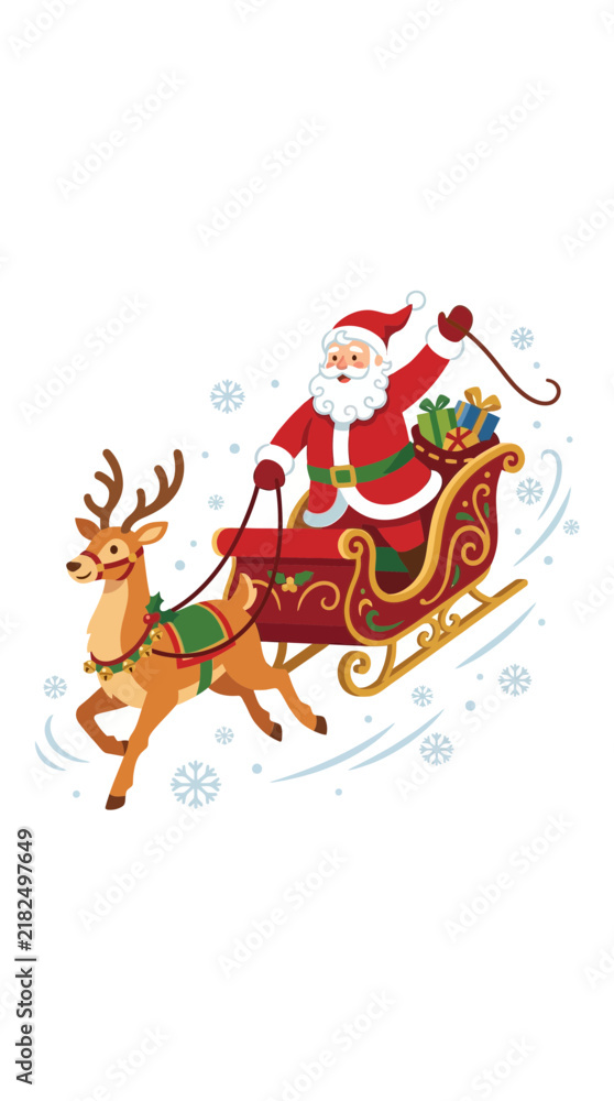 Fototapeta premium Festive character riding reindeer sleigh with holiday gift boxes