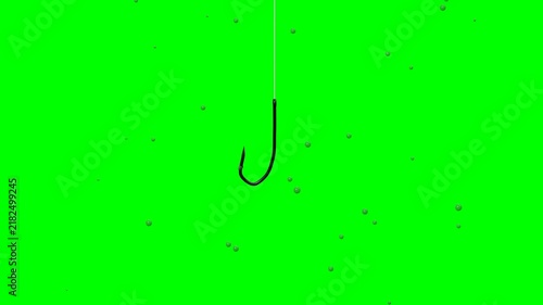 Fishing Hook Descending with Bubbles on Green Screen